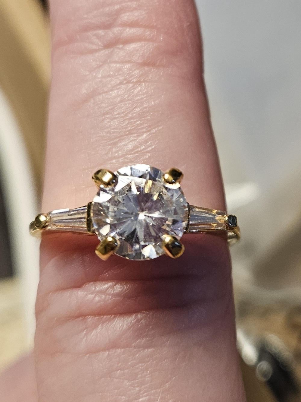 Gold Solitaire Round-Cut CZ Ring with Baguette Accents - Gold. Size 8.